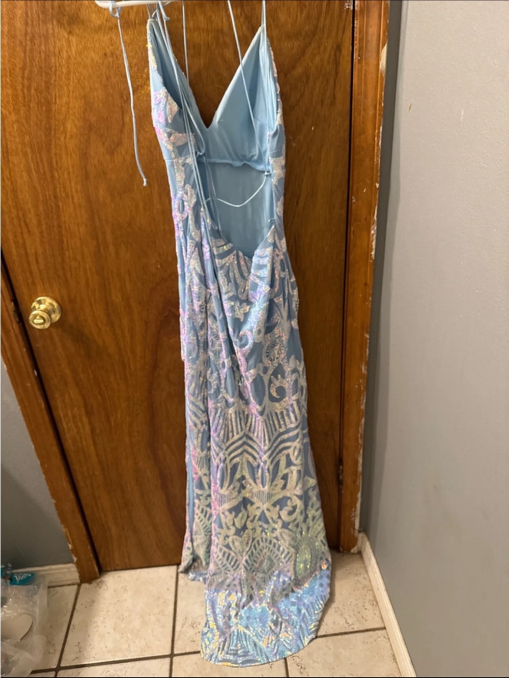 Blondie Nites Light Blue Iridescent Sequin Prom Dress